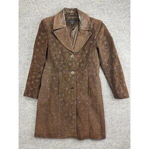 Static Coat Womens Medium Brown Embroidered Leather Floral Button Lined Overcoat